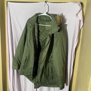 Olive Green Parka with Fur Trimmed Hood